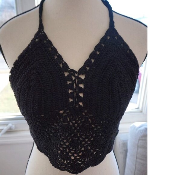 - Tops - Black Crochet Halter Bralette | Boho Festival Crop Top | Adjustable Tie-Back